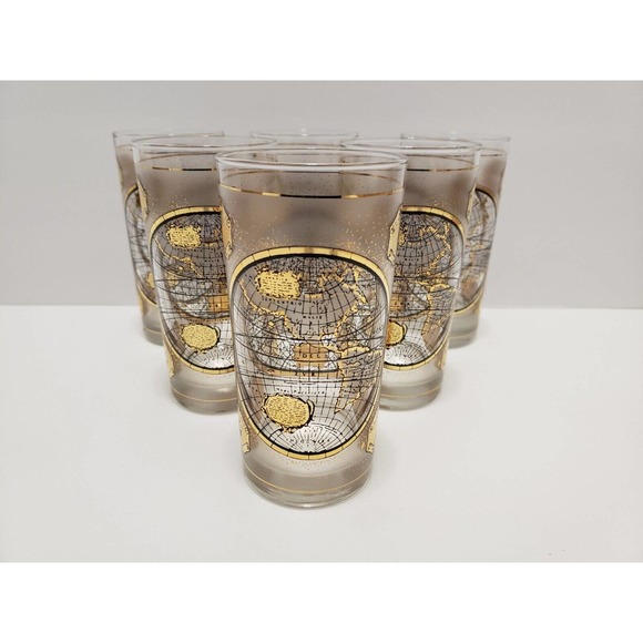 VTG (6) Culver Terrarvm Orbis Geographica World Map Gold Highball Tumbler MCM